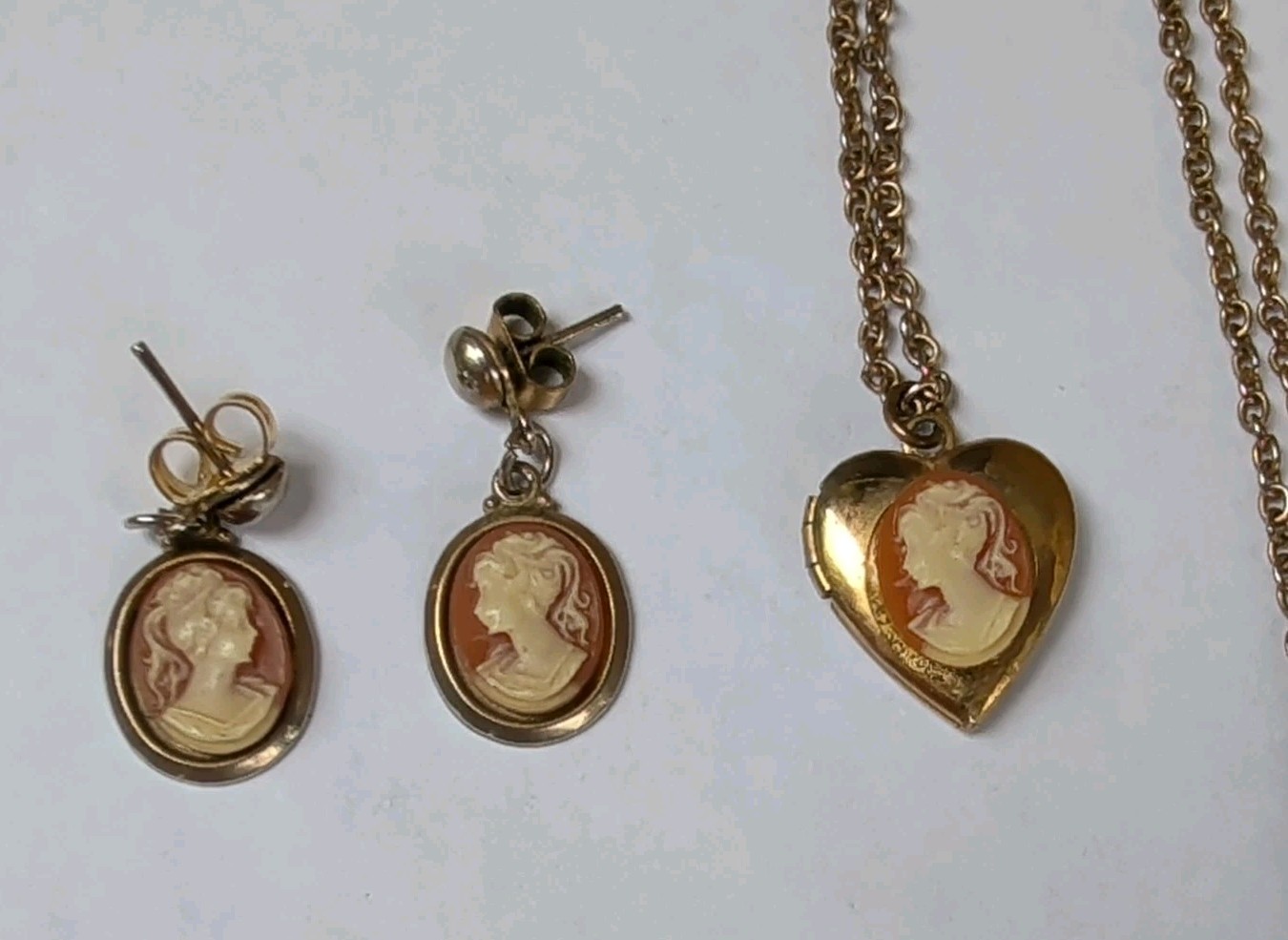 Vintage Faux Cameo Brooch Necklace And 2 x Earrings