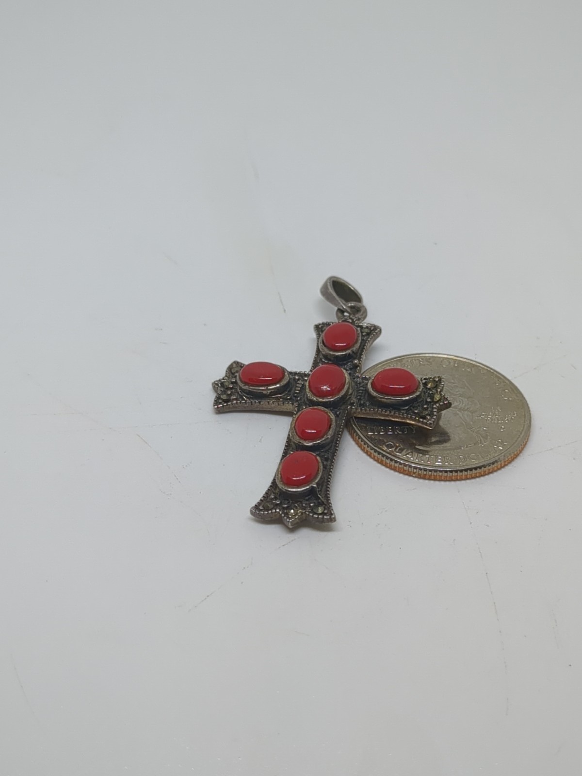 Vintage Sterling Silver 925 Southwestern Red Coral Marcasite Cross Pendant