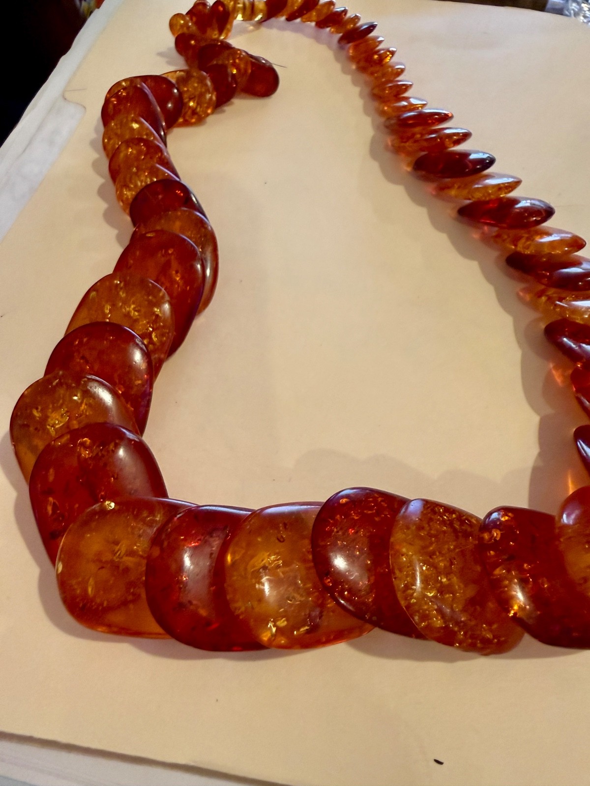 27 Inch Graduating Honey Golden Amber Oval Disk Shaped Bead Necklace Vintage