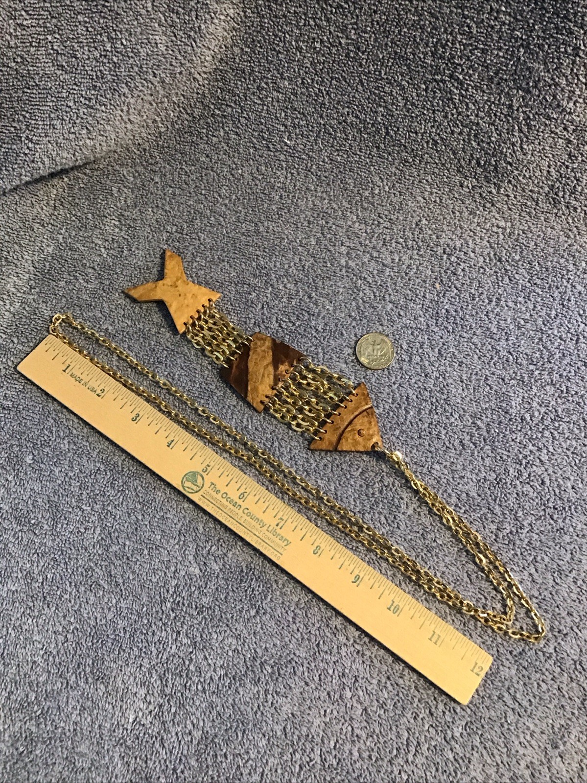 Vtg Fish Necklace HUGE Gold Tone Chain Link ARTICULATED Scales Nautical Beach