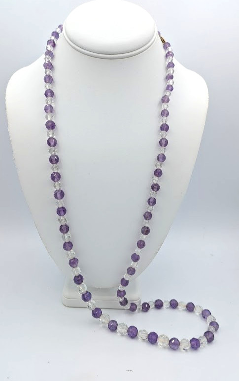 Vintage Amethyst Crystal Beaded Necklace Sterling Vermeil Clasp 32 Inch