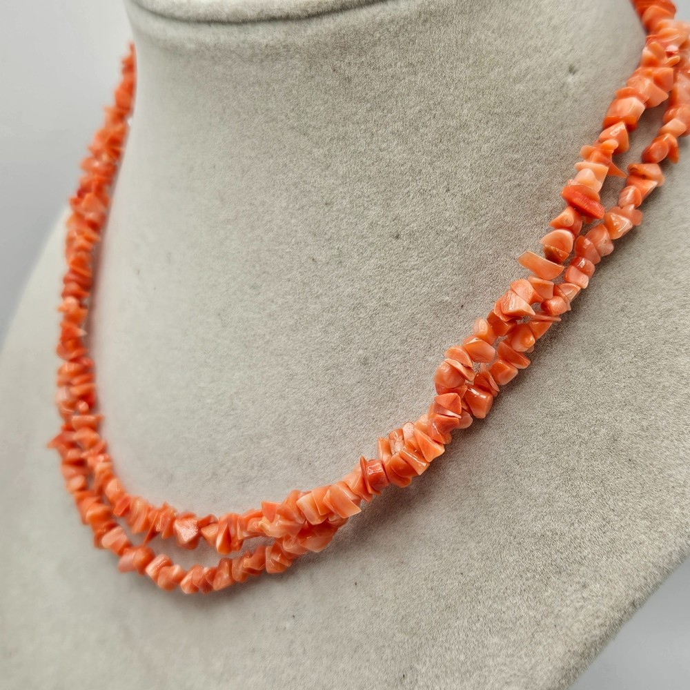 VINTAGE Orange Coral Chip Long 30″ Strand Necklace Fish Hook Clasp
