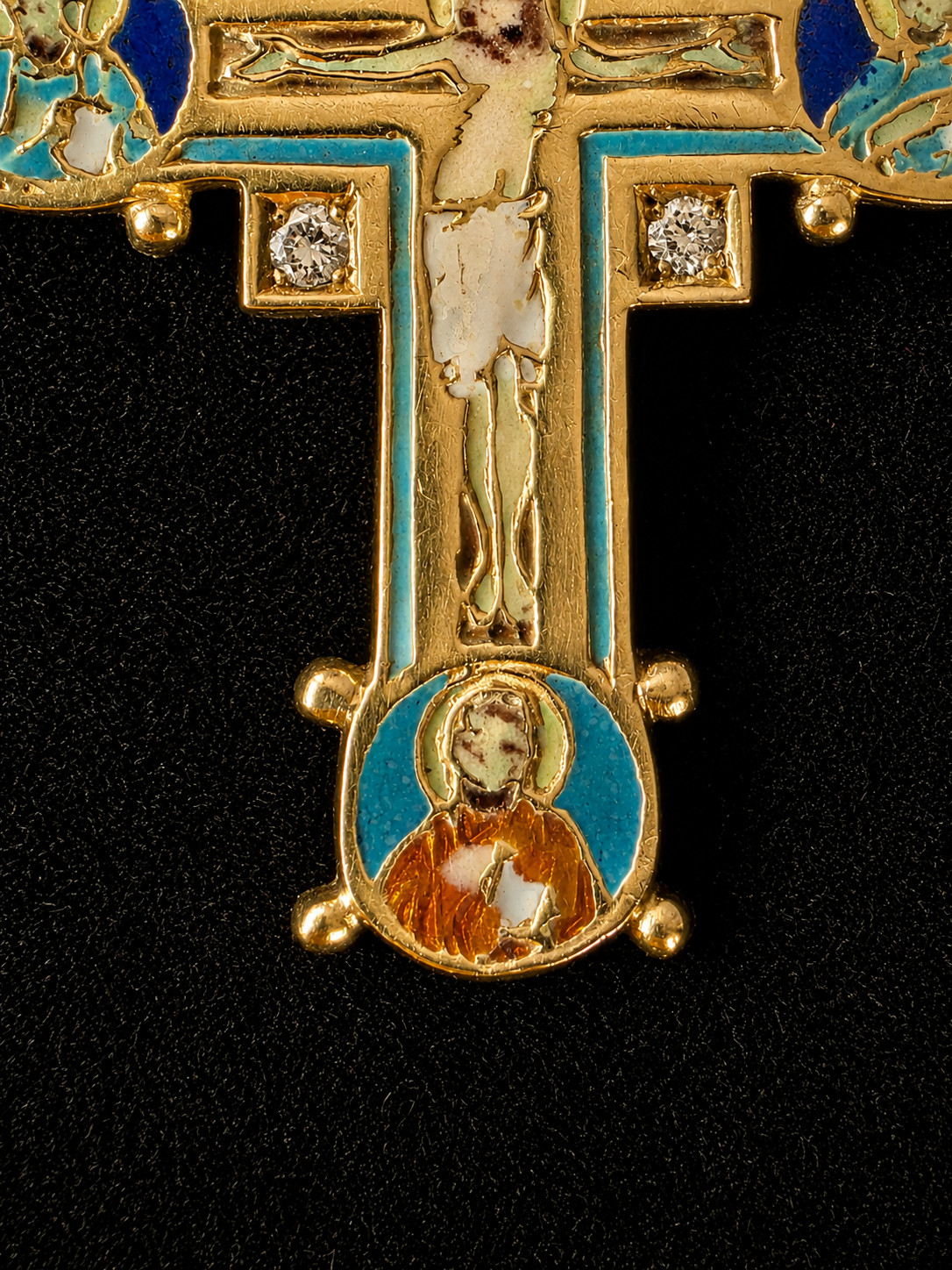 Antique Byzantine Revival Cross Pendant 18K Gold Enamel 4 Diamond Rare Religious