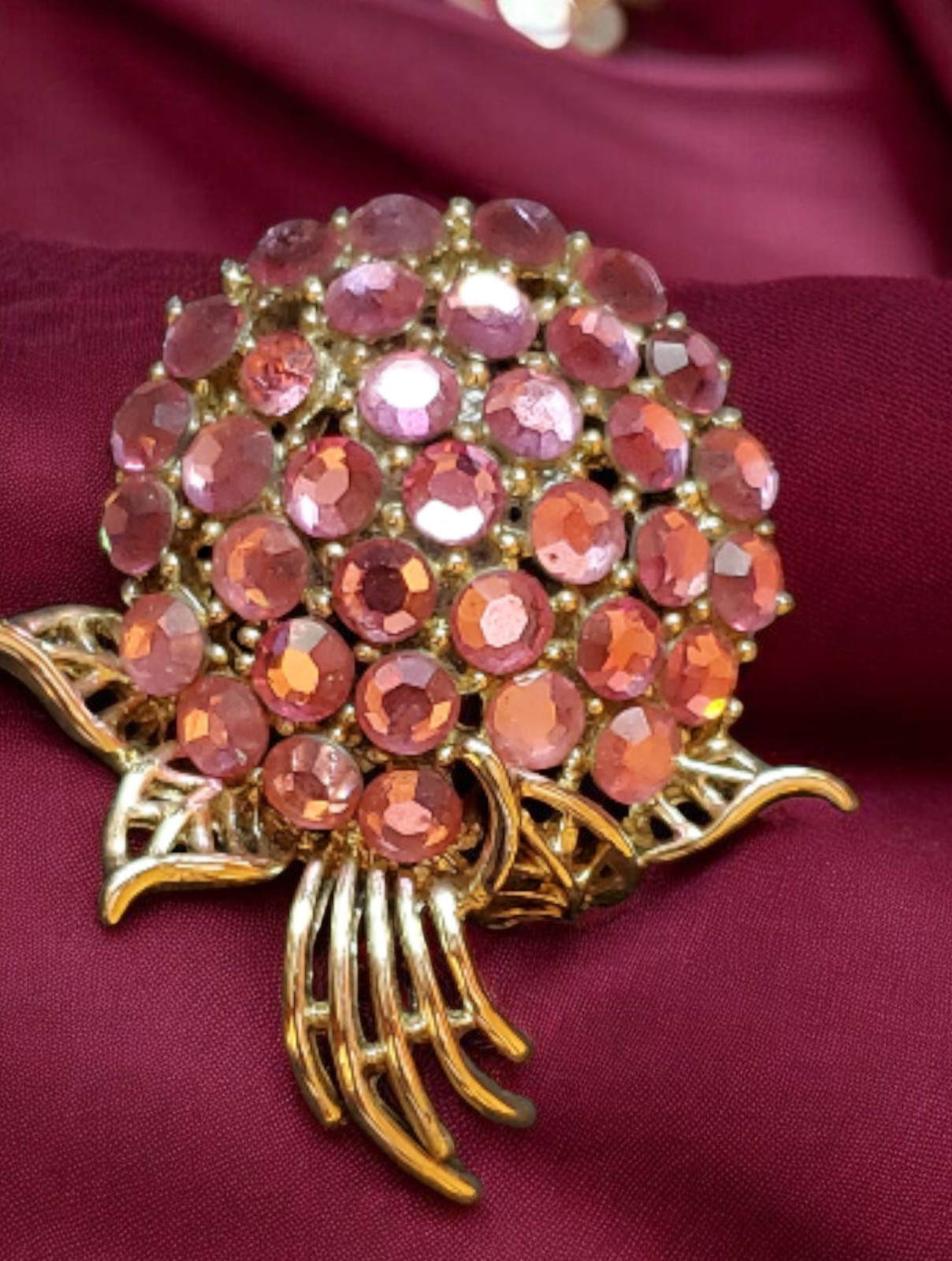 VTG Pink Crystals Cluster Dome Fruit Design Bouquet Flowers Floral Brooch