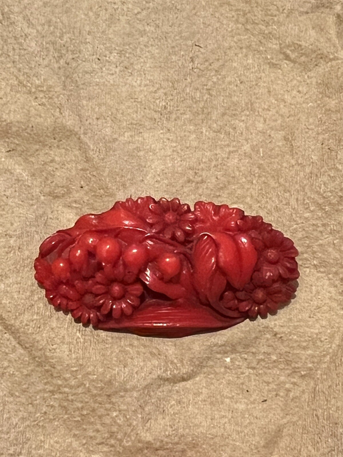 2 Vintage Carved Red Celluloid Plastic Rose Bouquet Floral Brooch Pin Lot