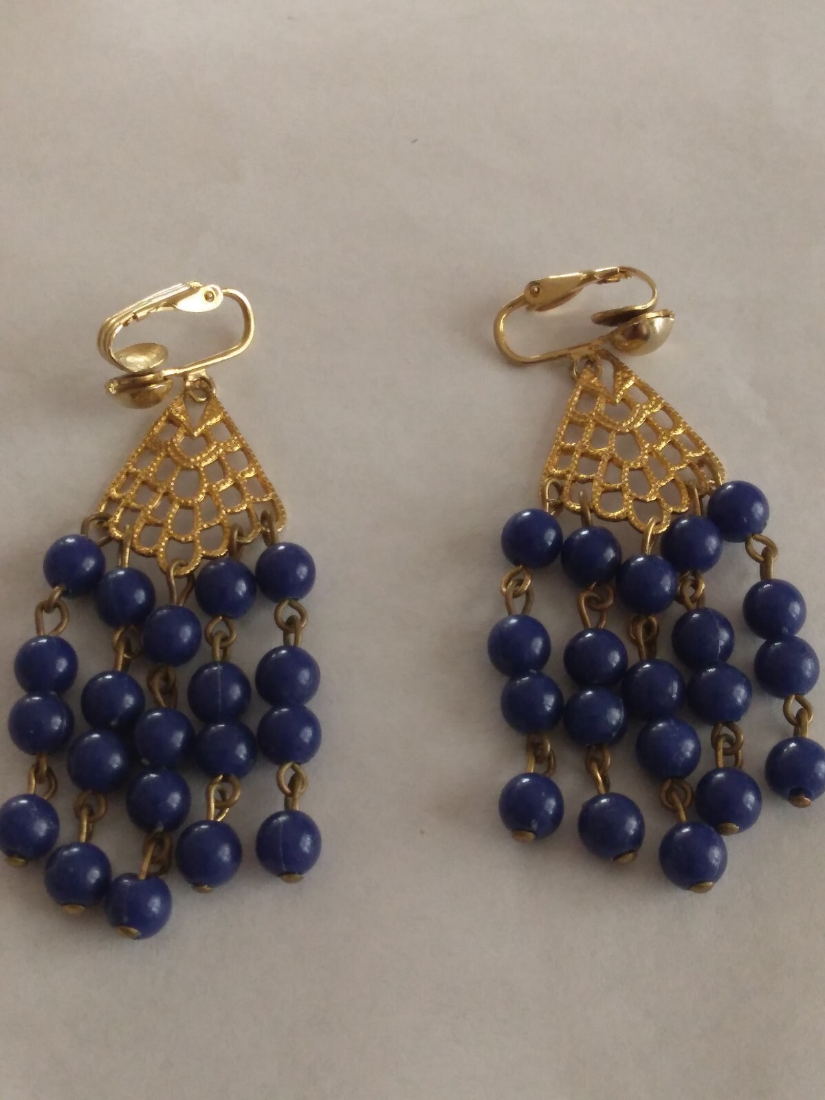 Vtg 2 Set Purple and Blue Gold Tone Chandelier Earrings