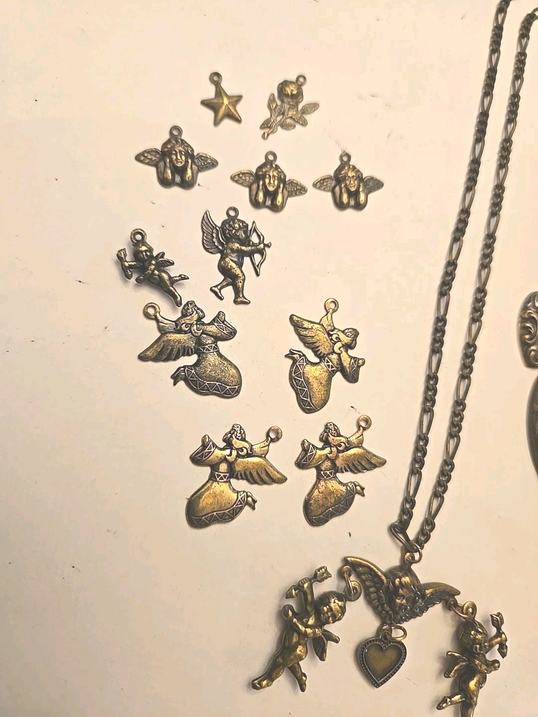 Vintage Cherub Heart Charm Lot Statement Necklace Victorian Revival Romantic
