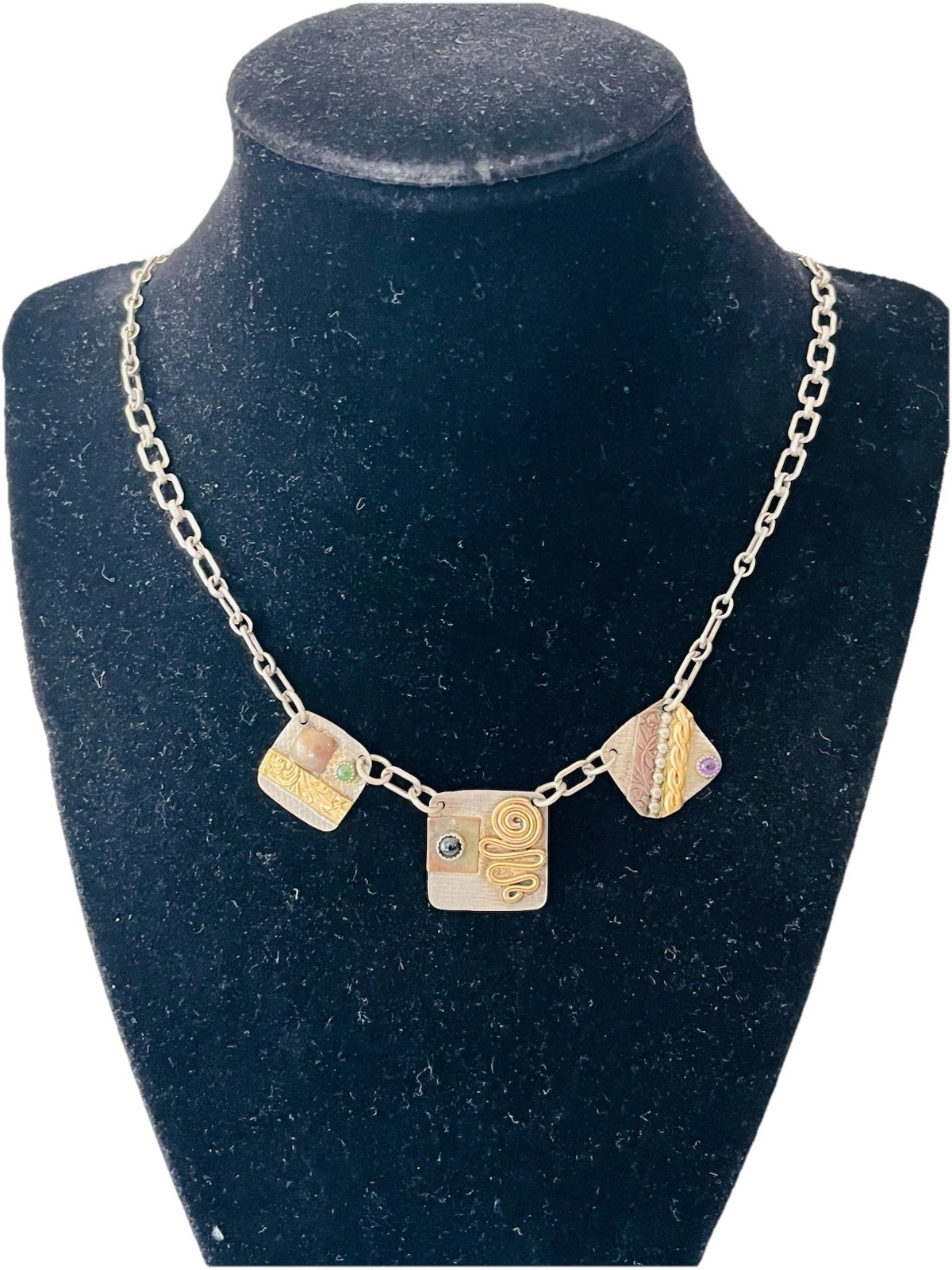 Vintage Signed MA Modernist Mixed Metal Sterling Silver Stone Link Necklace 20”