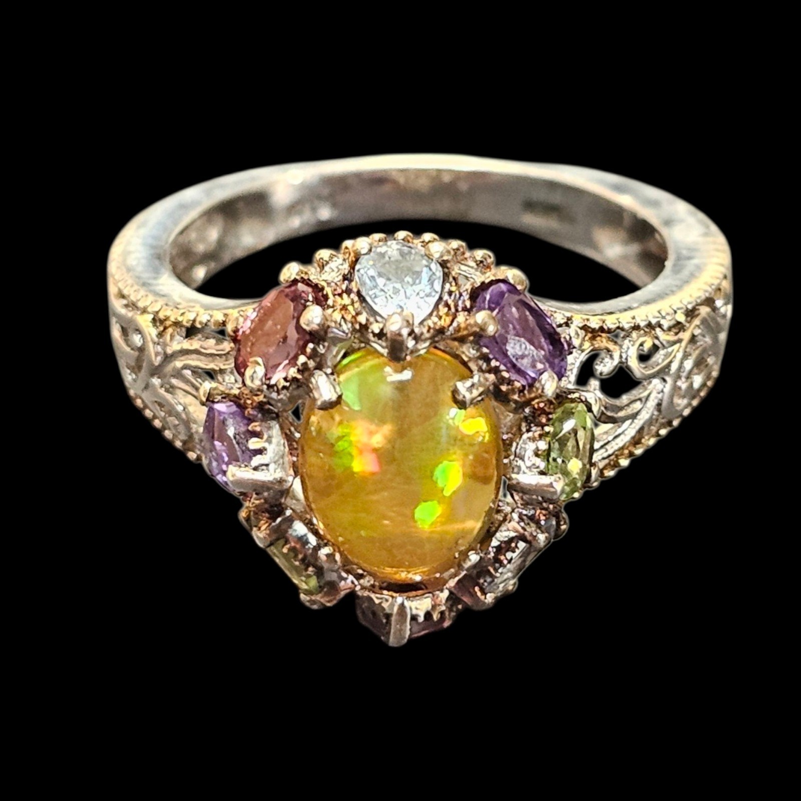 Vtg Designer STS Fire Opal Multi Gem Stone 925 Sterling Silver Ring Sz 8.5 4g