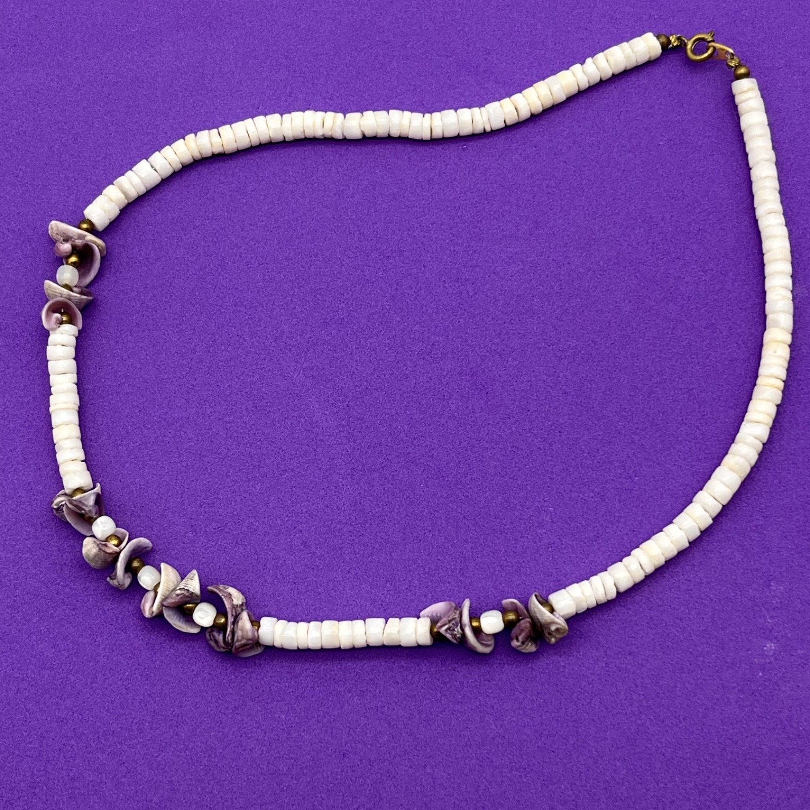 Puka Shell Heishi Surfer Necklace Periwinkle Shell Accents 16″