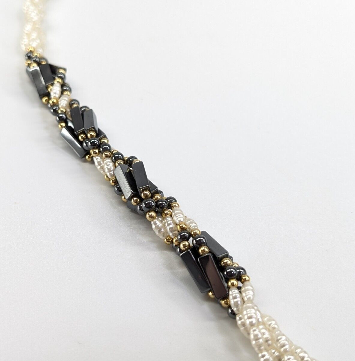 Vtg Rice Pearl & Hematite Multi Strand Twisted Beaded Statement Station Necklace