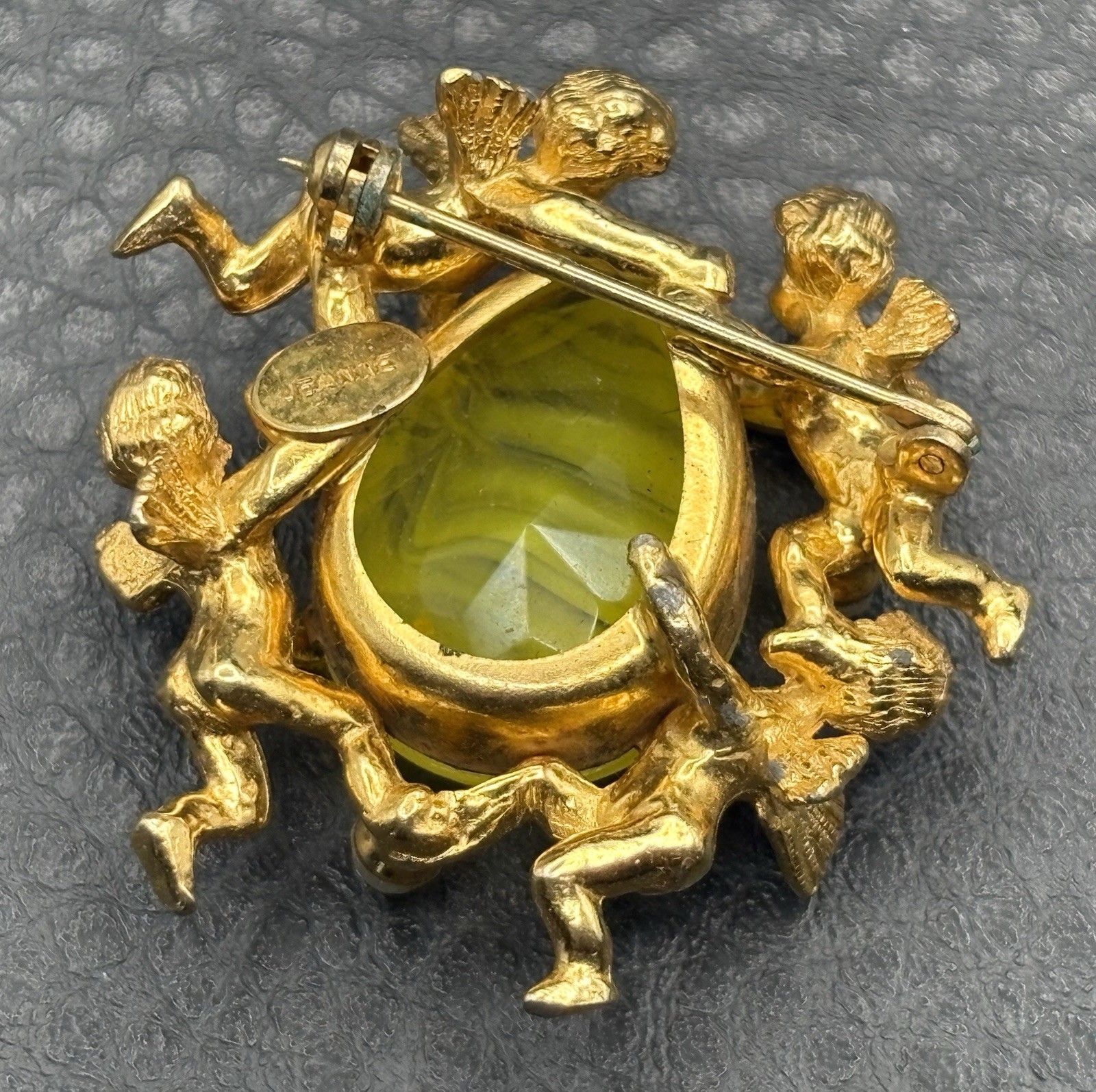 Vintage Jeanne Brooch Cherub Angel Marbled Swirl Yellow Rhinestone Nouveau Style