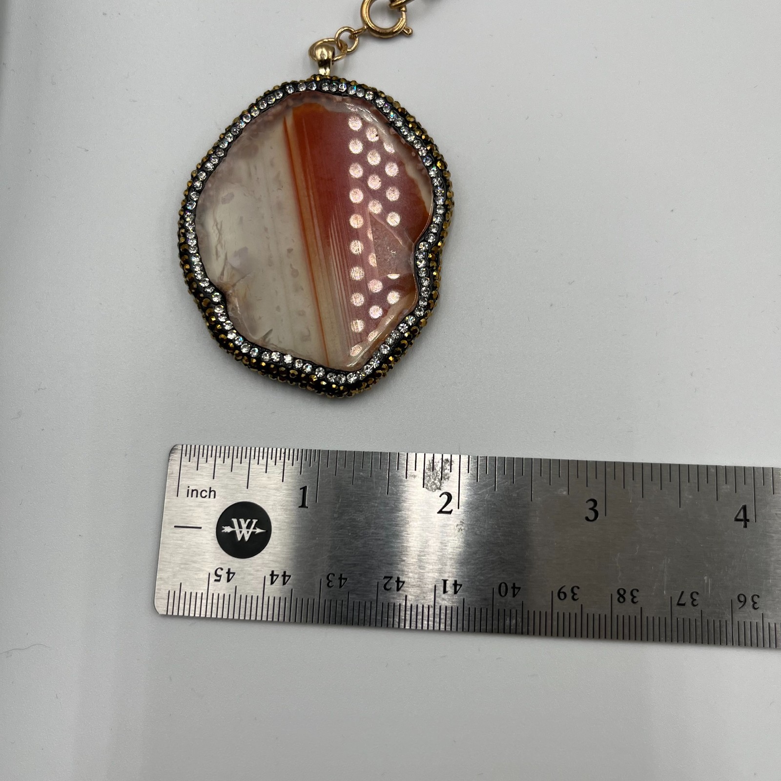Vintage Banded Agate Slice Pendant Necklace Gold Tone Orange White Geode Boho