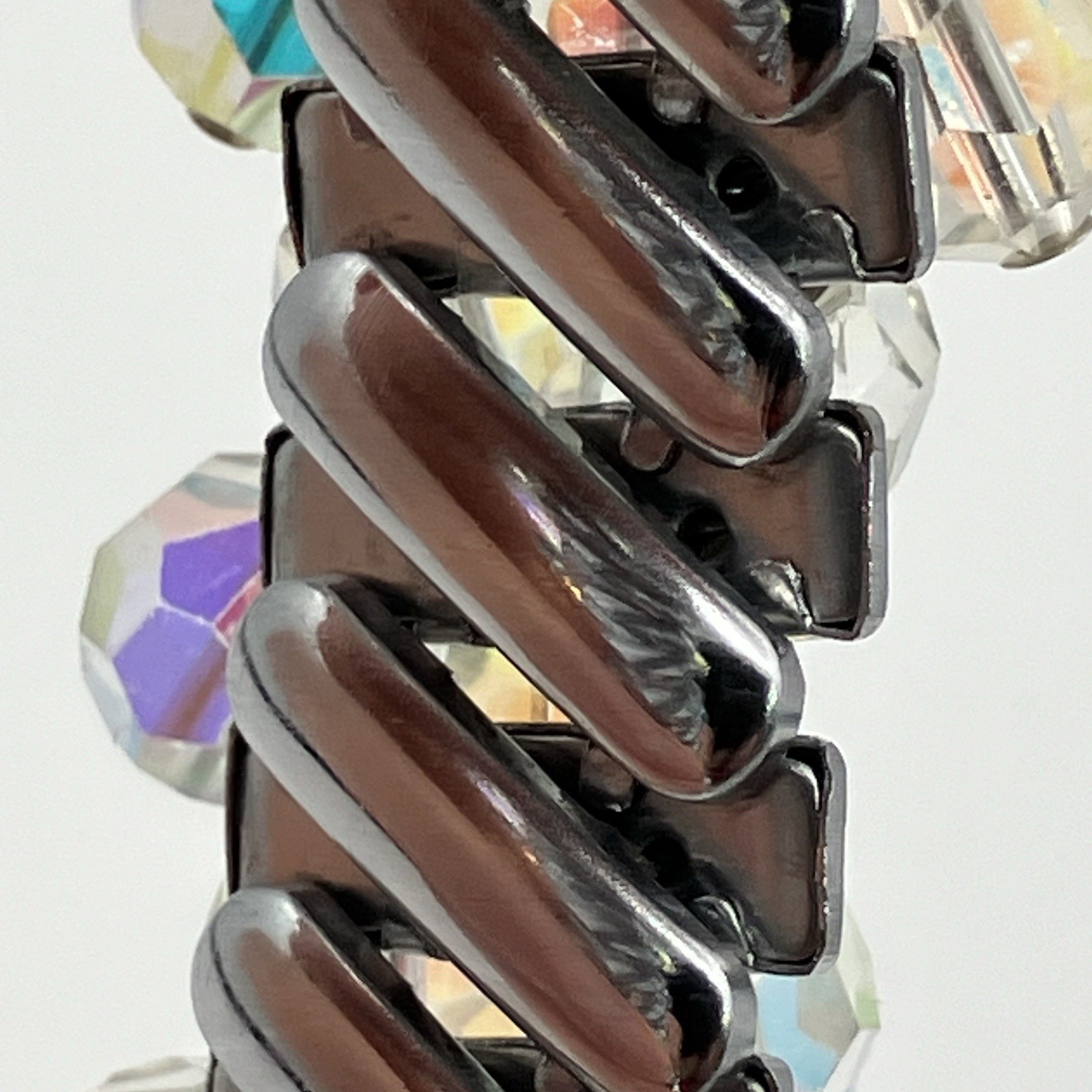 Vintage Aurora Borealis Beaded Stretch Bracelet / Expanding Band / Silver Tone