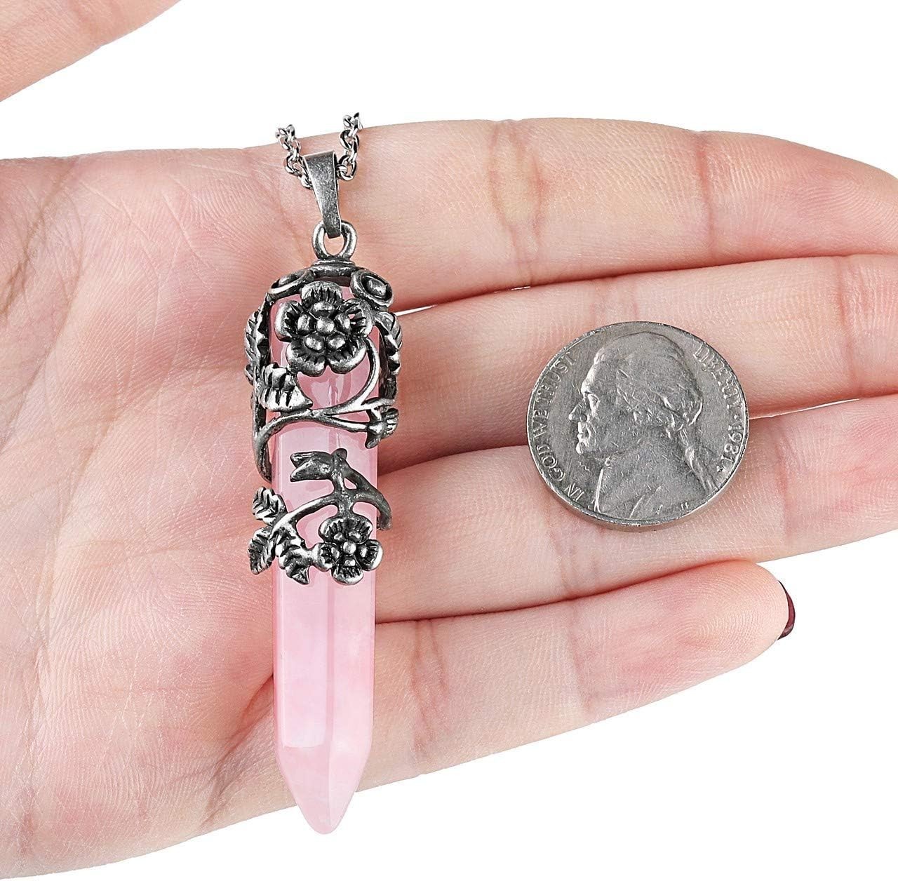 Antique Silver Flower Wrapped Natural Rose Quartz Healing Crystal Necklace Mothe