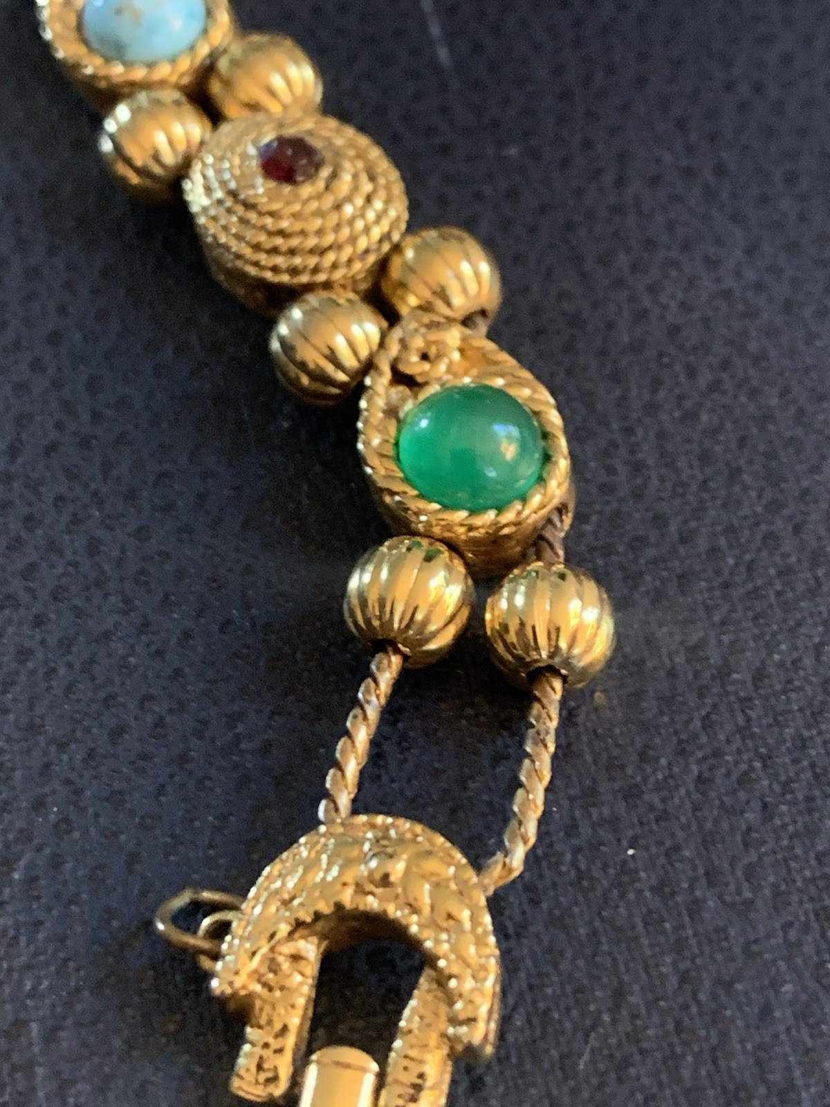 Vintage Victorian charm slide bracelet Gold Tone Faux Gemstones Free Ship