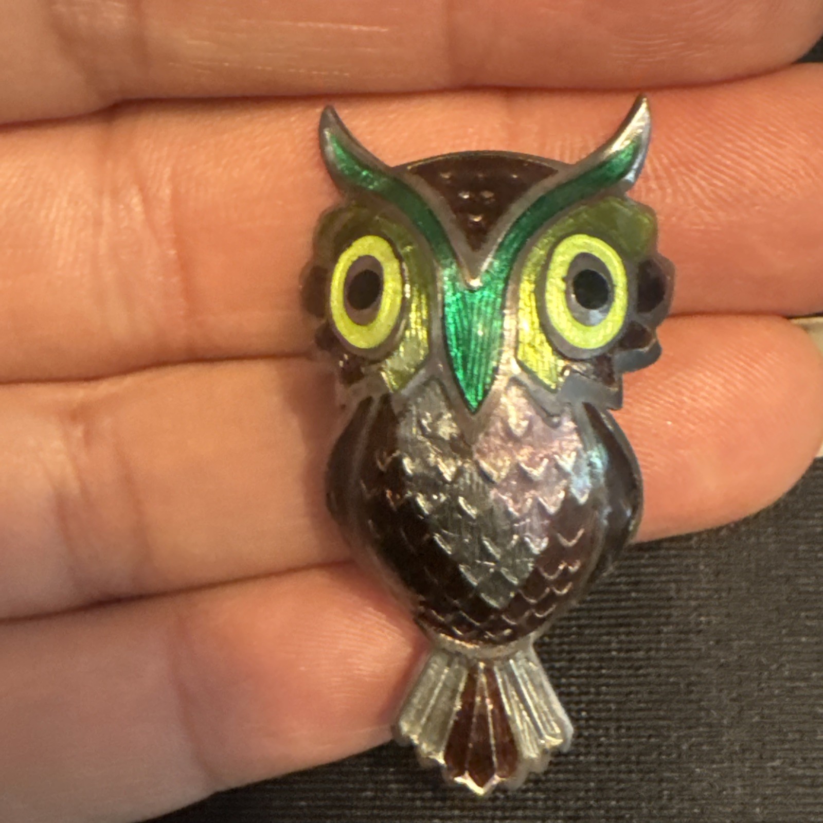 Vintage TAXCO 980 Silver Owl Bird Brooch Pin Mexico Maya Enamel Whimsical Boho