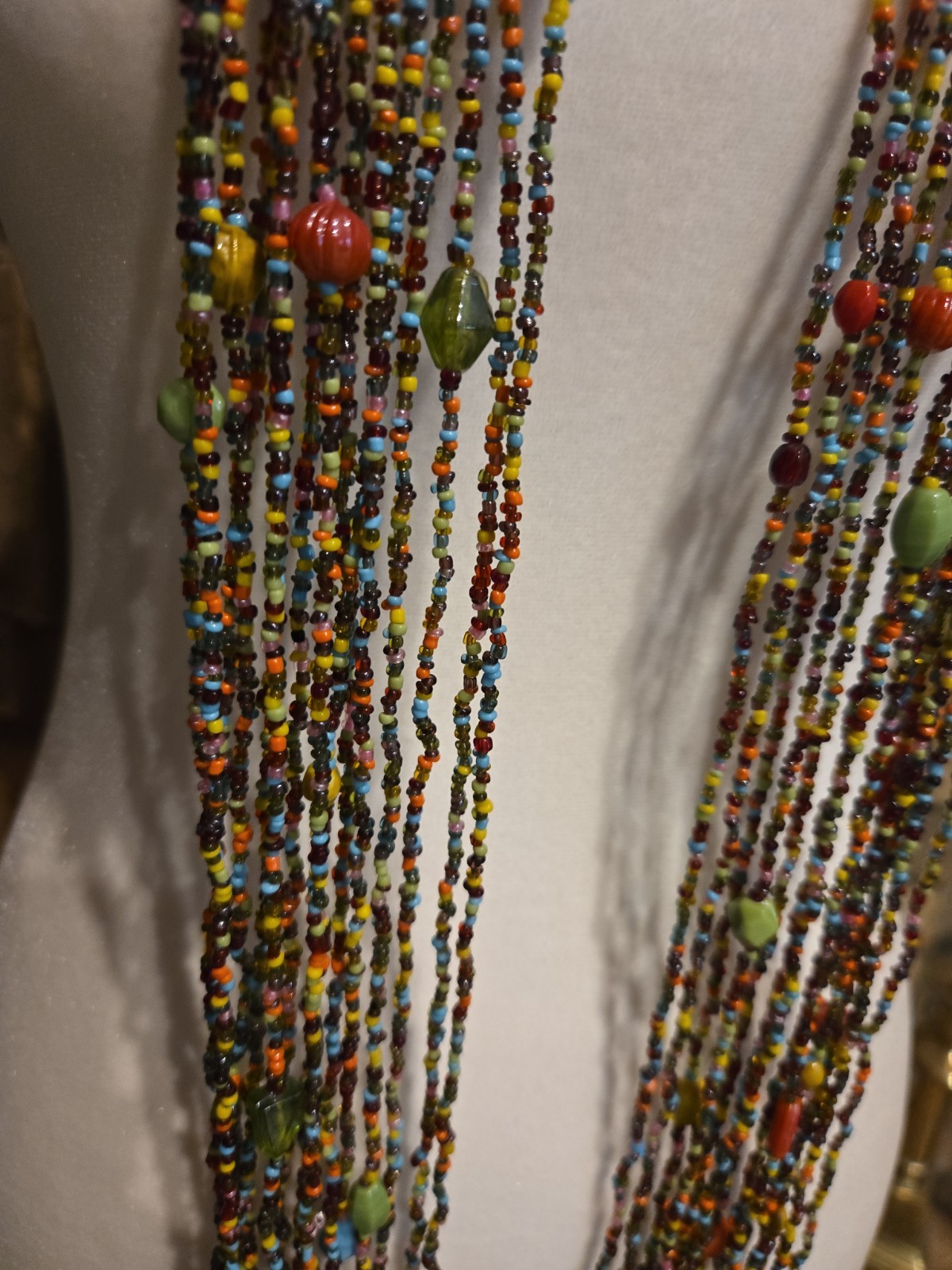 VTG Multi-Strand Glass Seed Bead Scarf Necklace Boho Open Wrap Fringe No Clasp