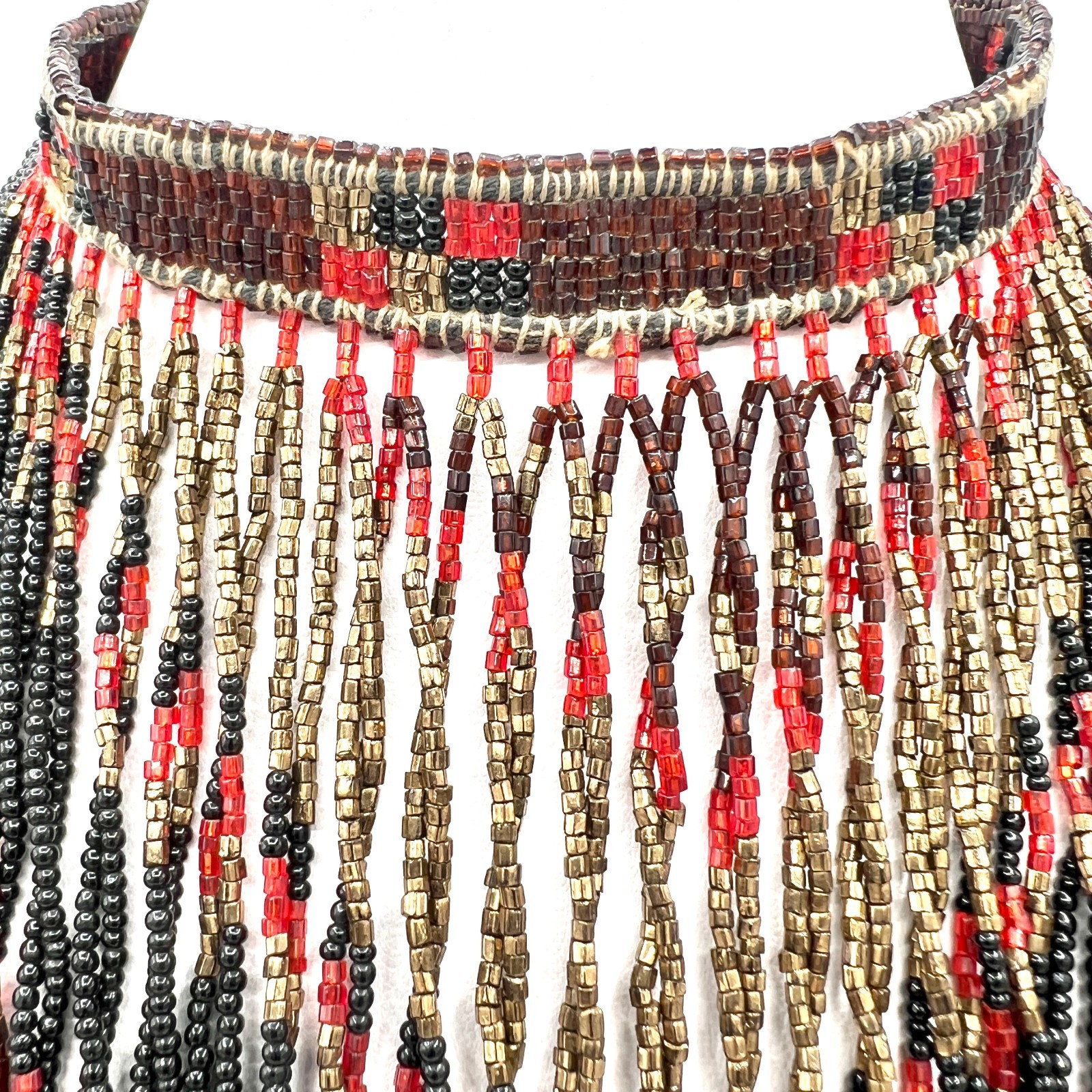 Vintage 1970s Exotic Beaded Fringe Necklace Red Black Gold Drippy Bib Statement