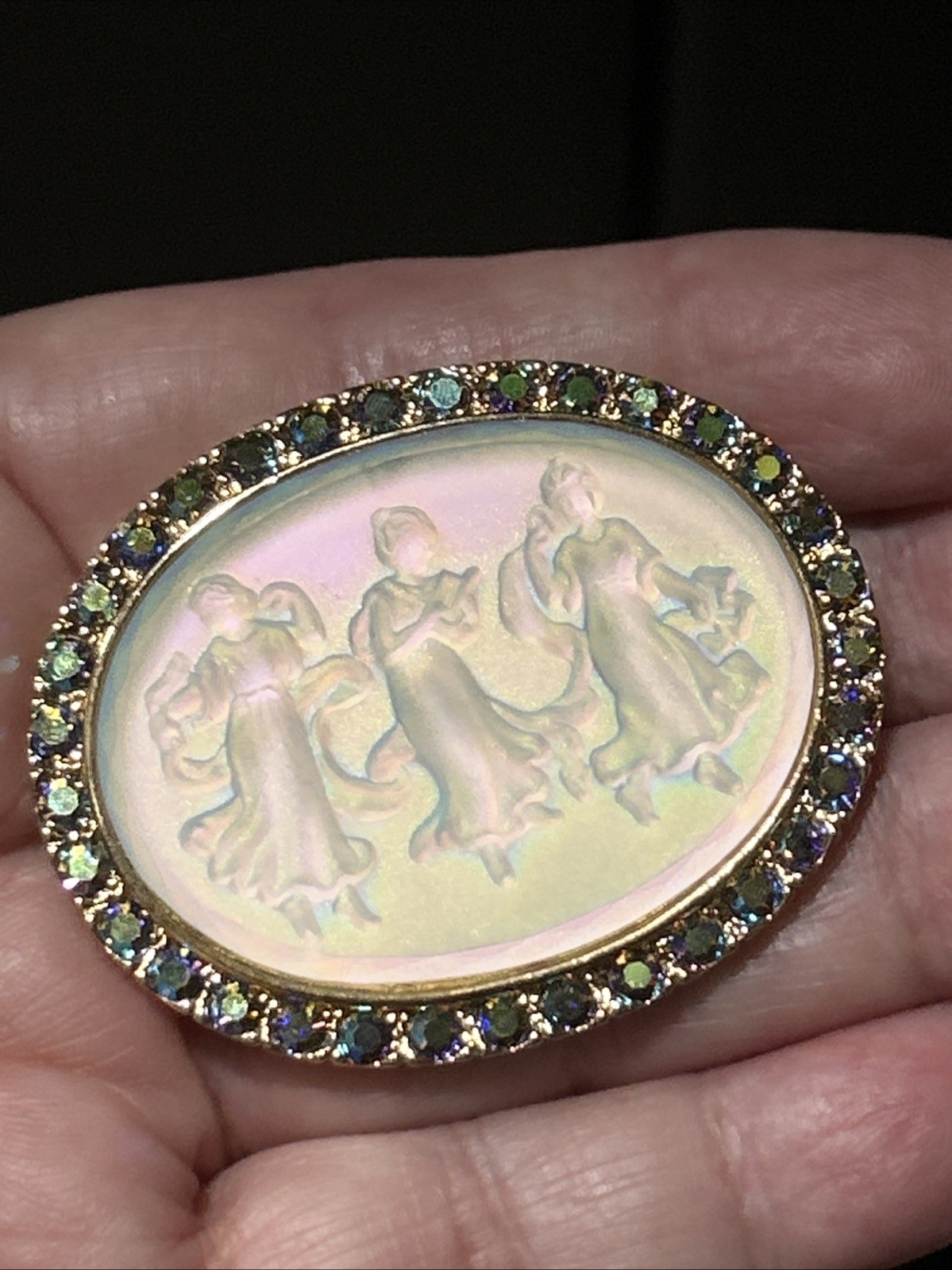 Vintage Kirk’s Folly Camphor Iridescent Glass 3 Dancing Maidens Brooch AB Stones