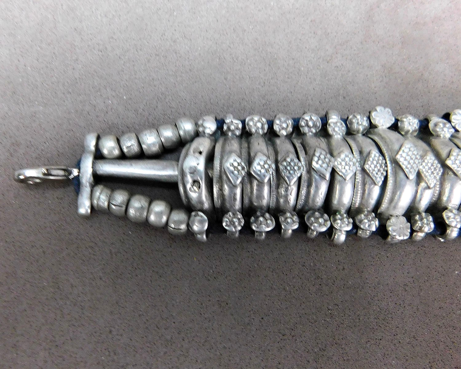 Vintage Handmade Segmented Silver Tone Metal Bracelet Small Stone Clean Used