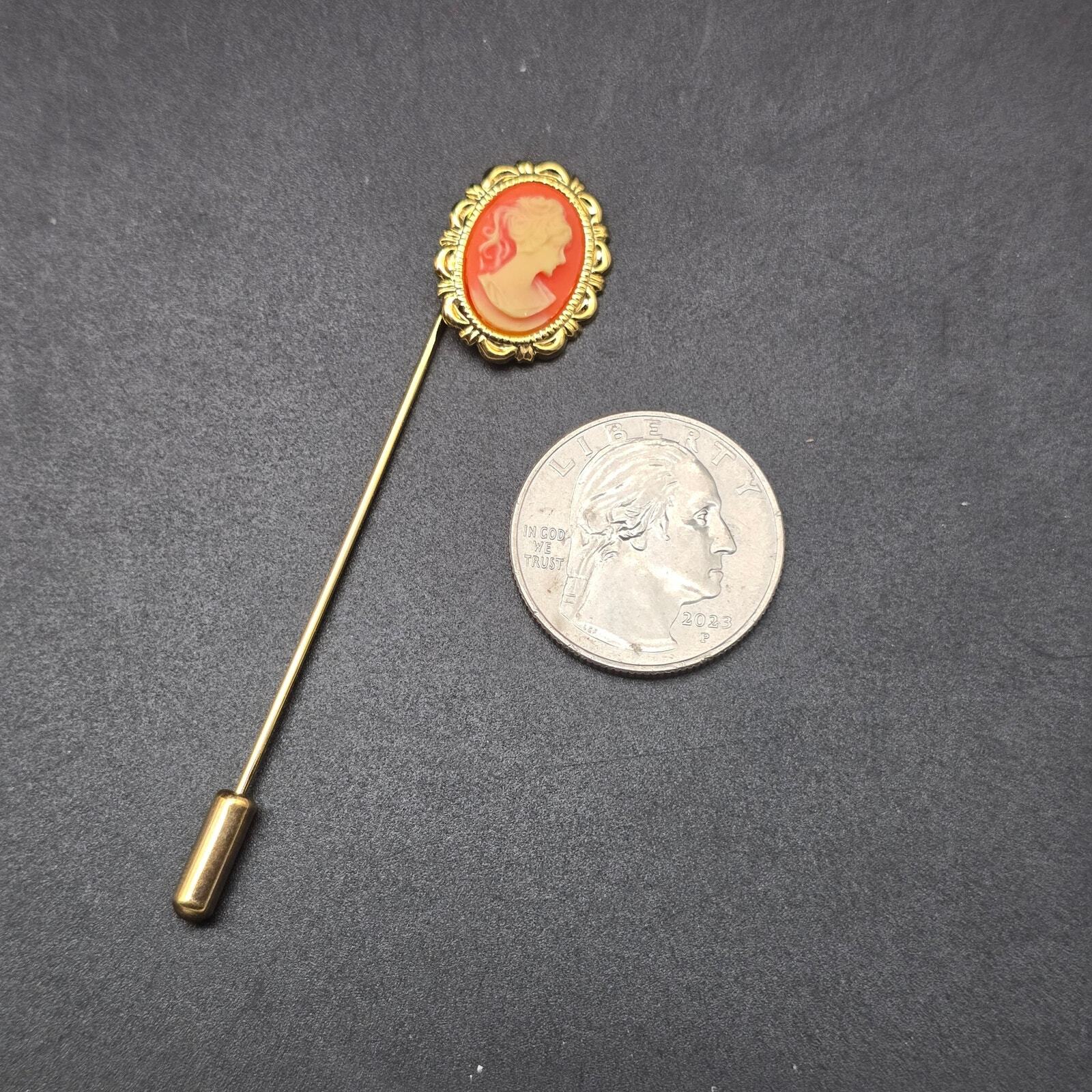 Vintage Cameo Stick Pin Gold Tone Orange Cream Lady Face