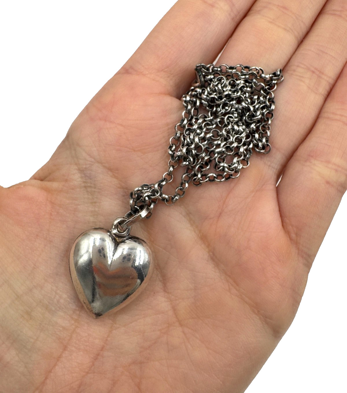OLD VICTORIAN PUFFY HEART PENDANT ON ROUND LINKS CHAIN STERLING SILVER NECKLACE