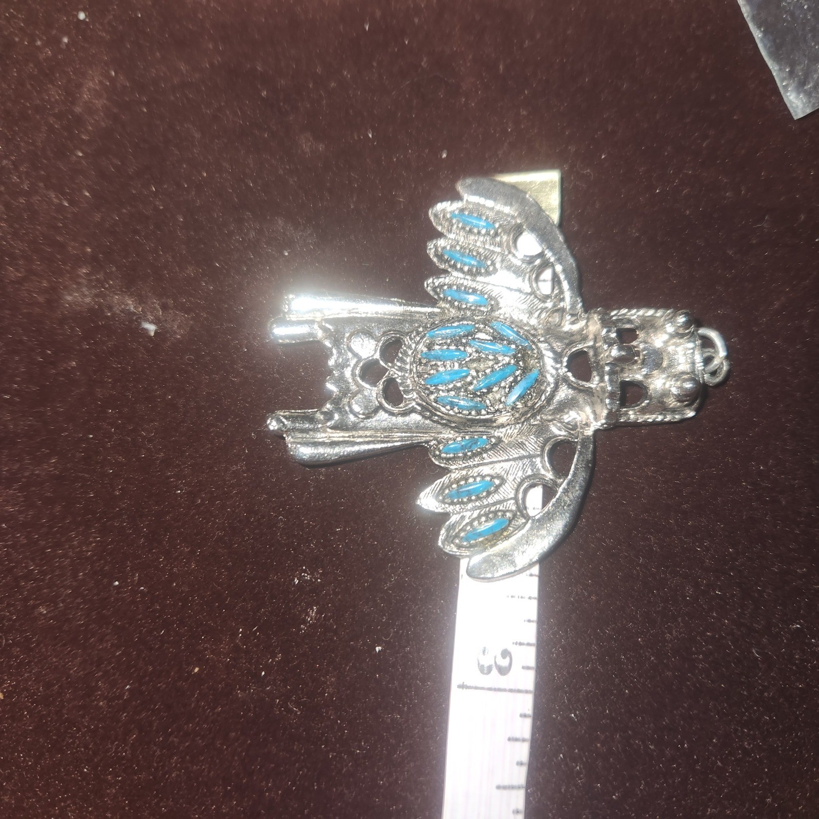 Vintage Native American Style Thunderbird Pendant Silver Tone stone Inlay Bird