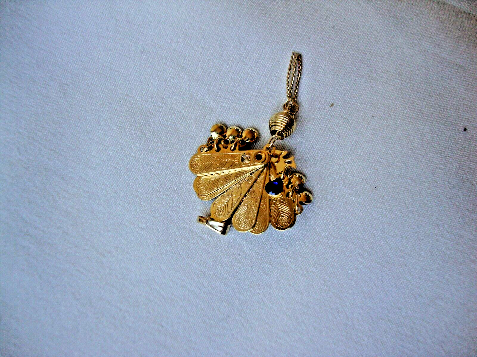 Vintage Folding Peacock Fan Purple Red Blue & White Enamel Gold Plated Pendant