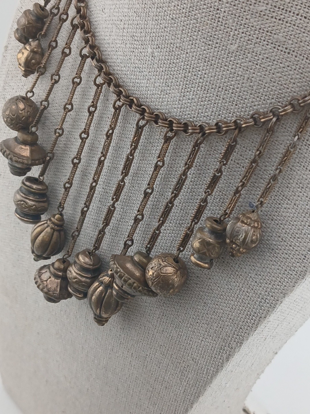 Victorian Revival Russian Gold Festoon Bib Dangling ribbed orbs Collar necklace