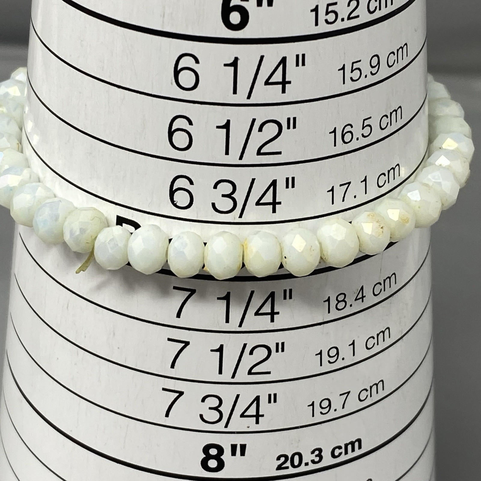 White Glass Bead Bracelet Stretch Faceted Fire Polished Surface Coated 7″