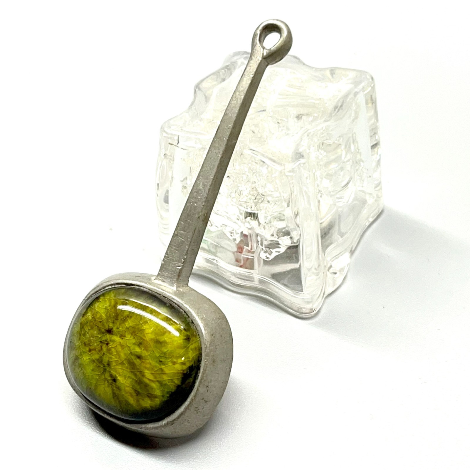 Signed Roland Landerholm Tenn Vintage Modernist MCM Pewter Green Ceramic Pendant