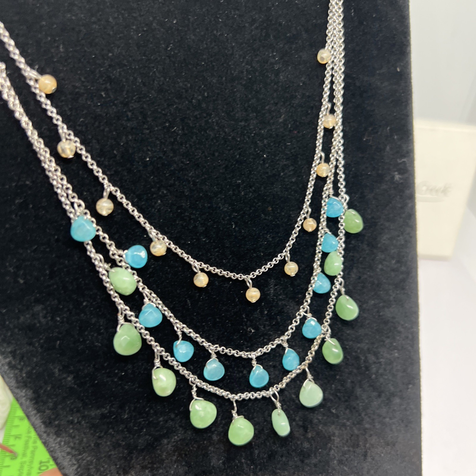Coldwater Creek Vintage Multi Strand Silver Tone Blue Green Bead Necklace W/ Box