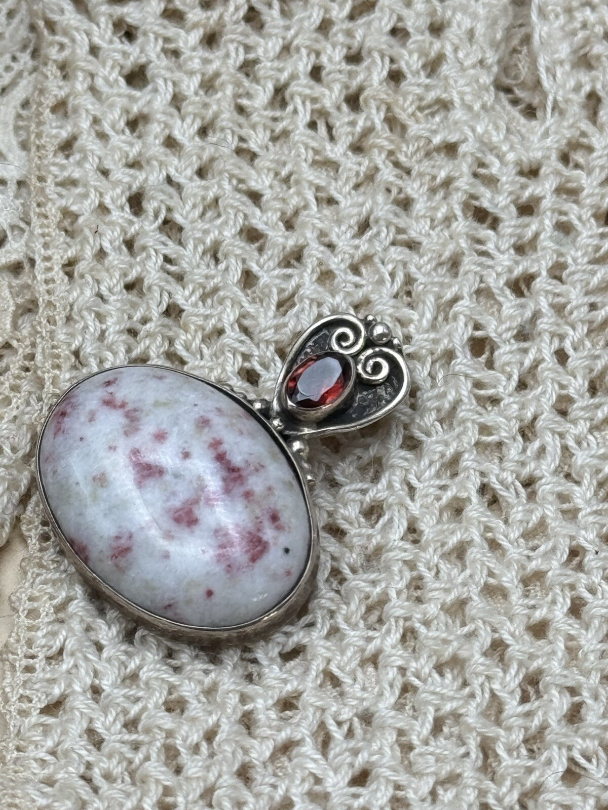 Vintage Pendant Sterling 925 Pink Flecked Stone Red Rhinestone ESTATE FIND