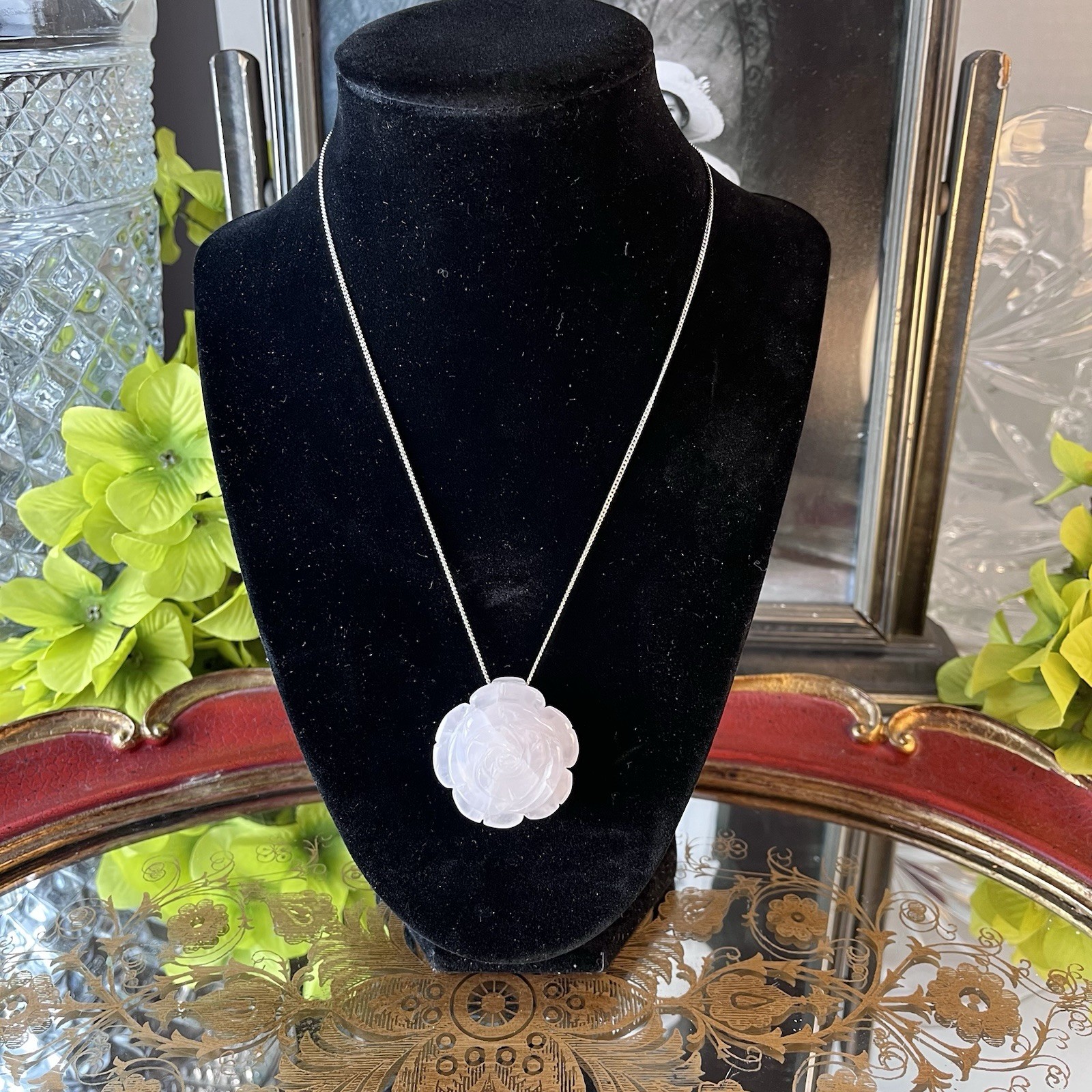 Vintage Carved White Jade Rose Pendant Necklace – 16” – Silver Tone – c1980s