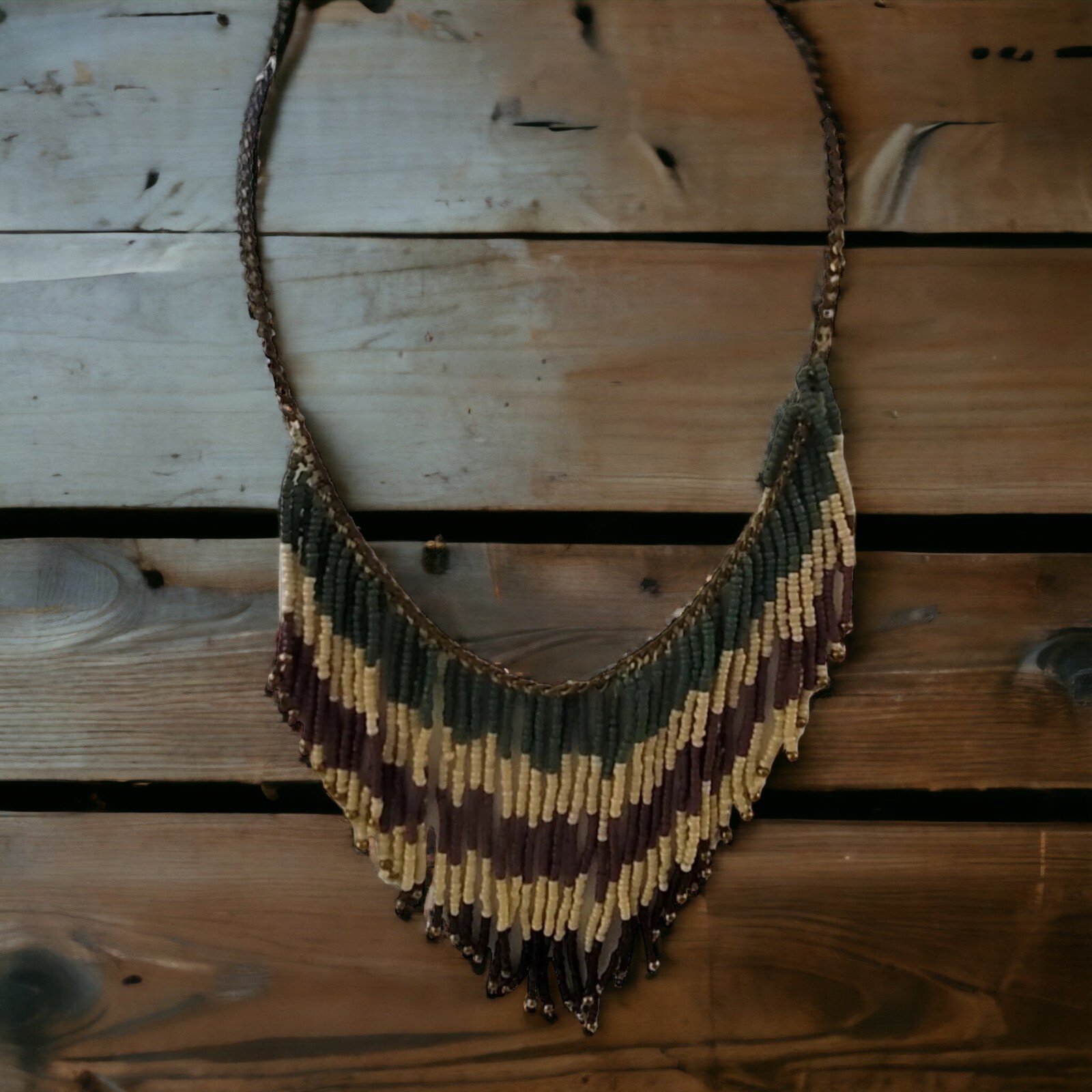 Vintage Fringe Bib Green Brown Seed Bead Necklace Boho Southwest