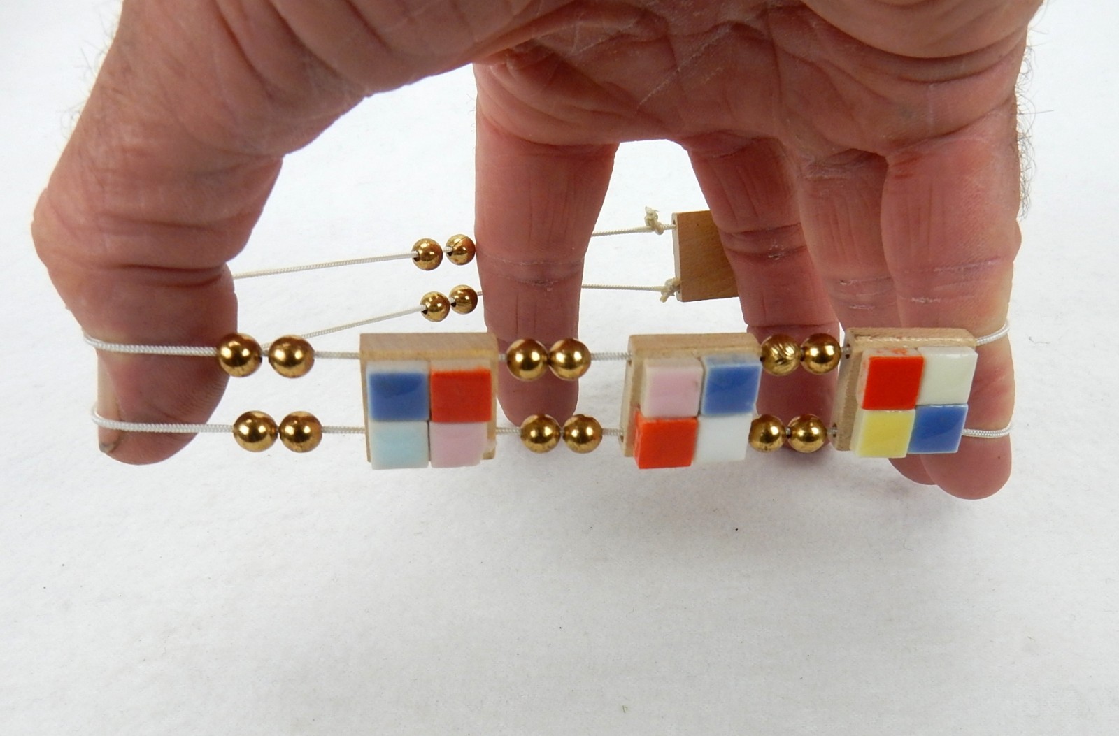 Vintage Costume Jewelry, Wood and Ceramic Tile Retro Bracelet, UNIQUE BCLT-11