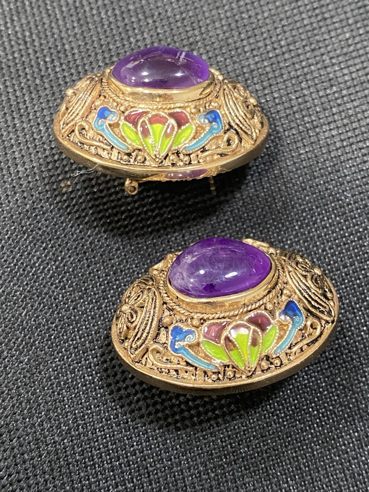 Amy Kahn Russell AKR Enamel & Amethyst Stone Cabochon Bracelet &Earrings Floral