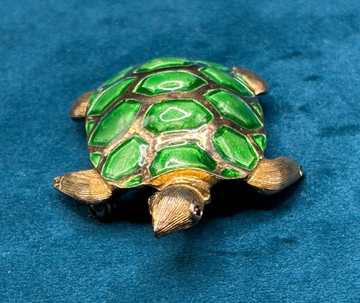 Vintage Sterling Silver Enamel Turtle Brooch Pin Stone Eyes Germany 2″
