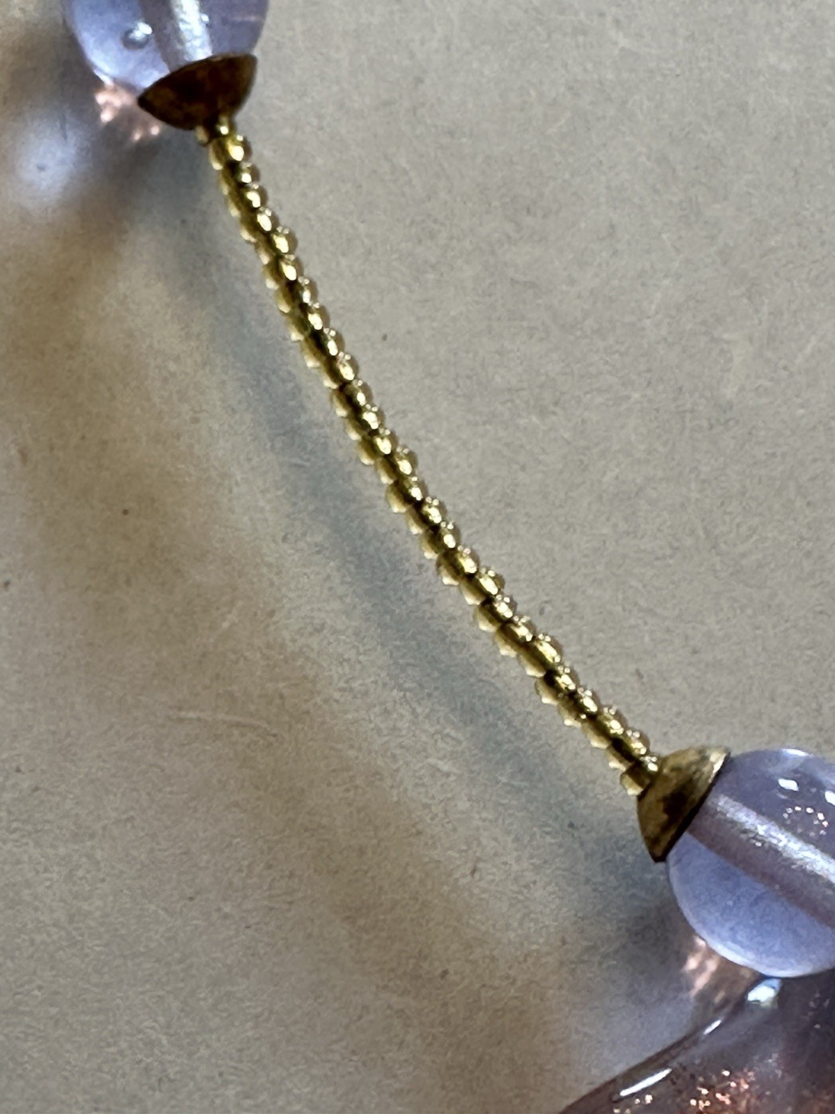 VTG Handmade Pale Lavender Pendant Necklace W/Gold-Toned Beaded Chain & Earrings