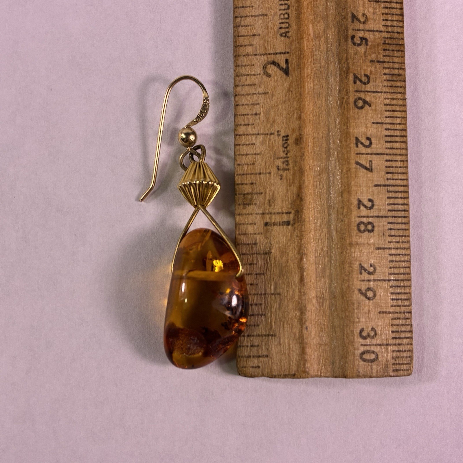 14K Gold Genuine Baltic Honey Amber Yellow Dangle Drop Earrings Art Deco