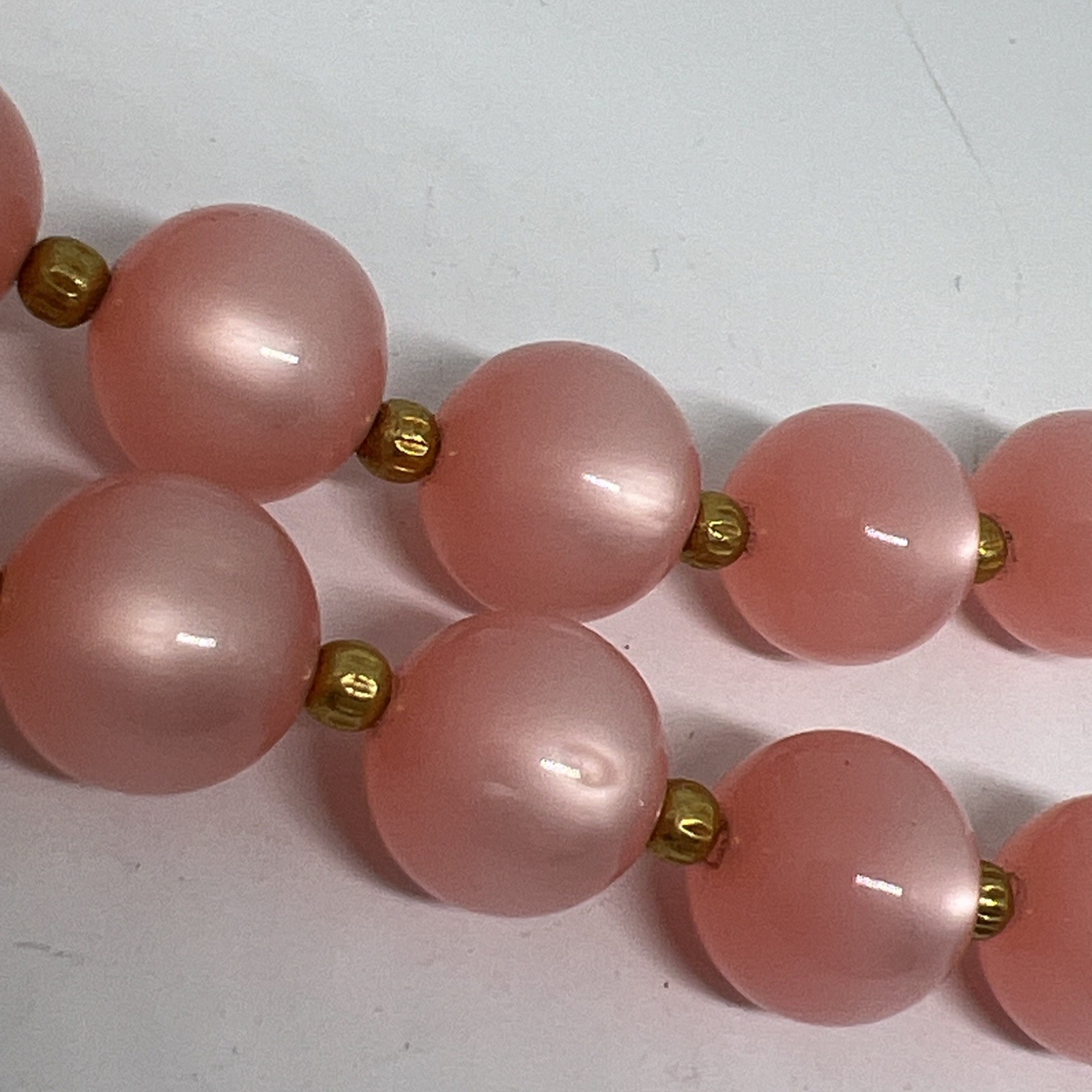 ⁠Vintage Pink Moonglow Lucite Bead 15”-17”Necklace Chunky J-Hook Choker