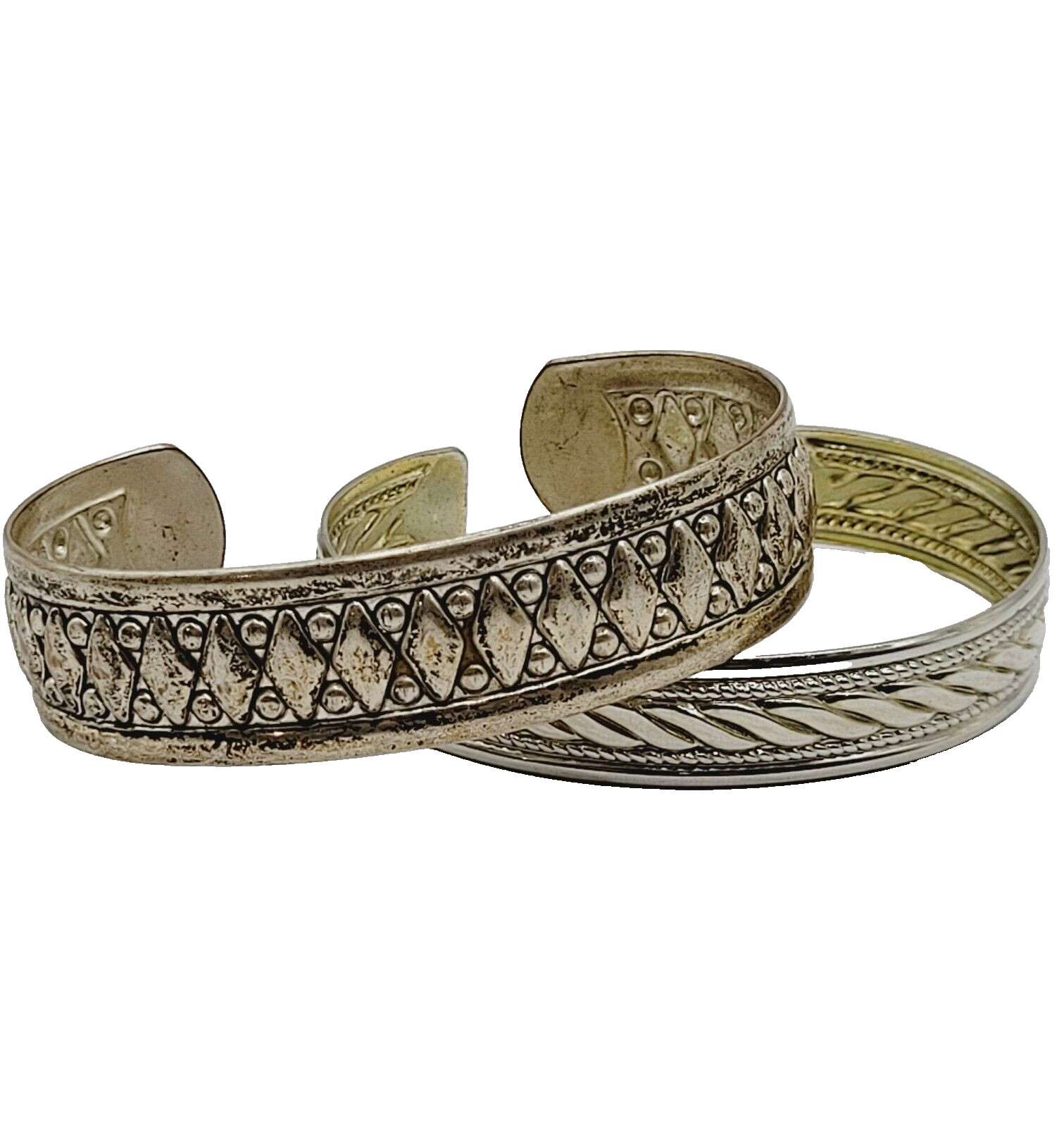 Two Vintage Metal Cuff Bracelets 1 Brass & 1 Silver Tone Patterned Tarnished