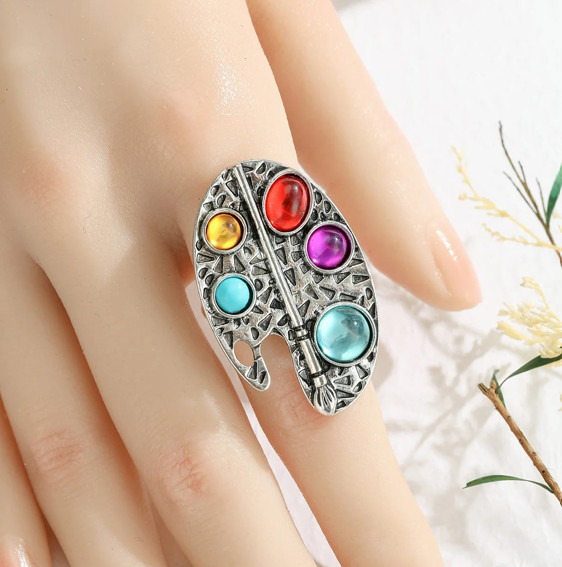 Vintage Silver Geometric Ring Women Oval Colored Stone Adjustable Jewelry