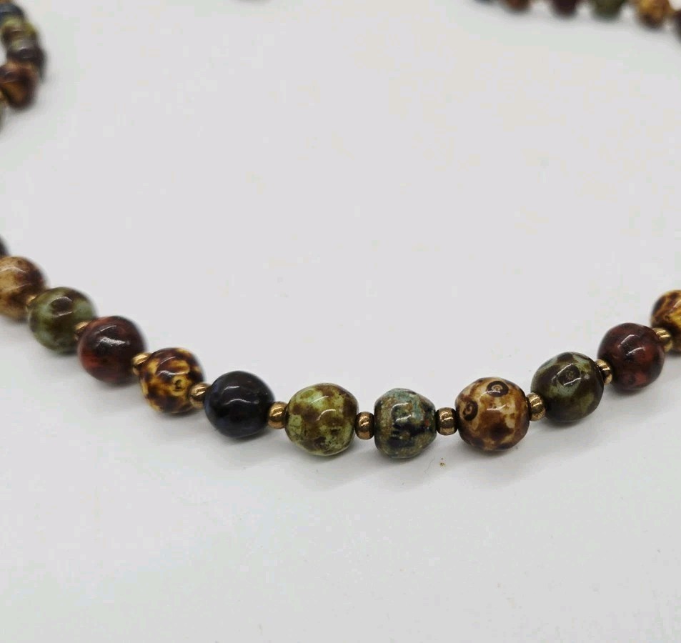Vintage Faux Scottish Agate Stone Murano Glass Beaded Necklace Earth Tones 30 in