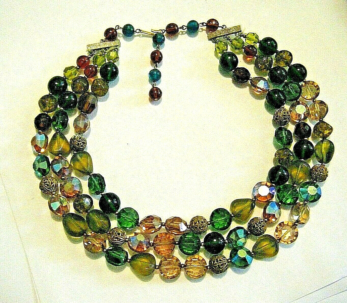 Vintage 1950s Triple Strand Collar Necklace AB Crystal Brass Filigree Art Glass