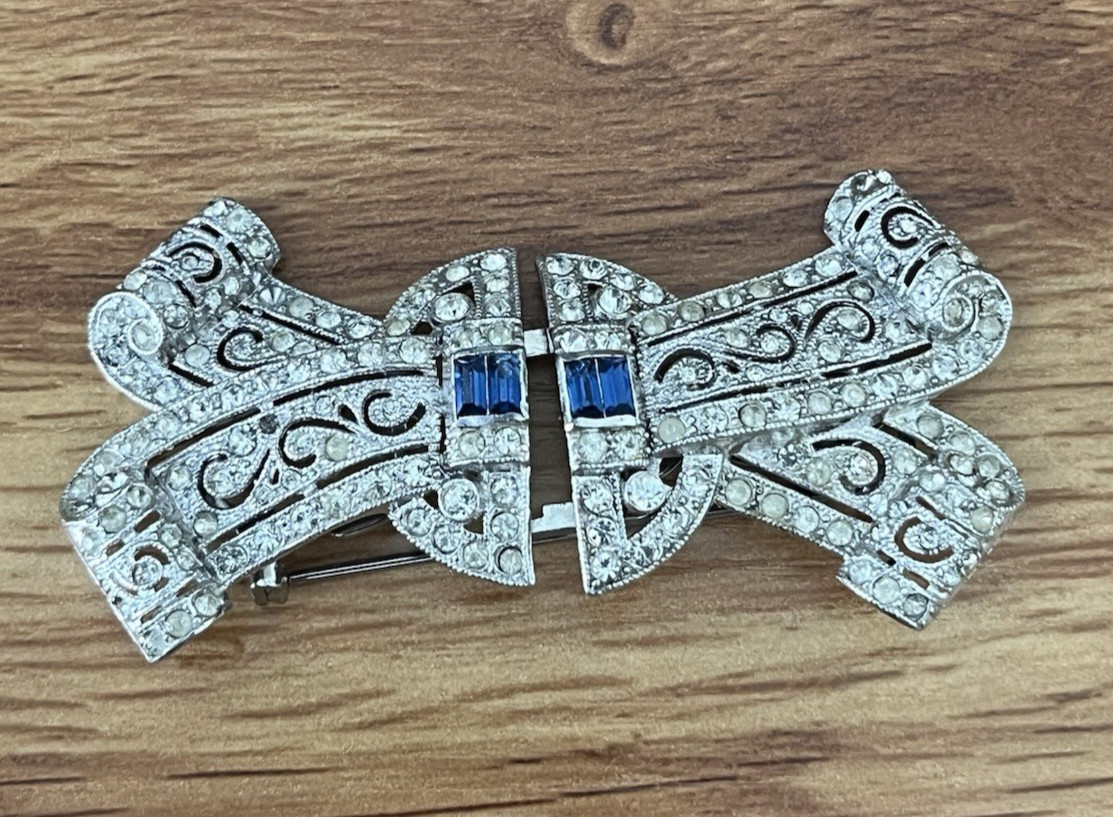 Vintage Coro Duette Bow Art Deco Silver Tone Brooch Dress Clip *Needs Repair*
