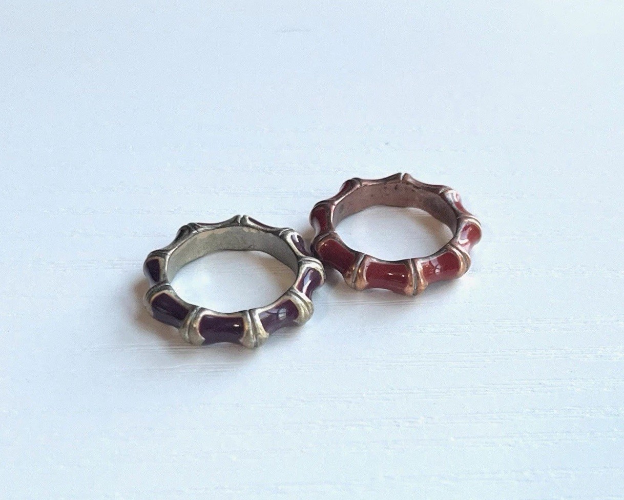 2-Enamel Eternity Band Bamboo Style Silver Tone Rings (Red & Purple) Size 8