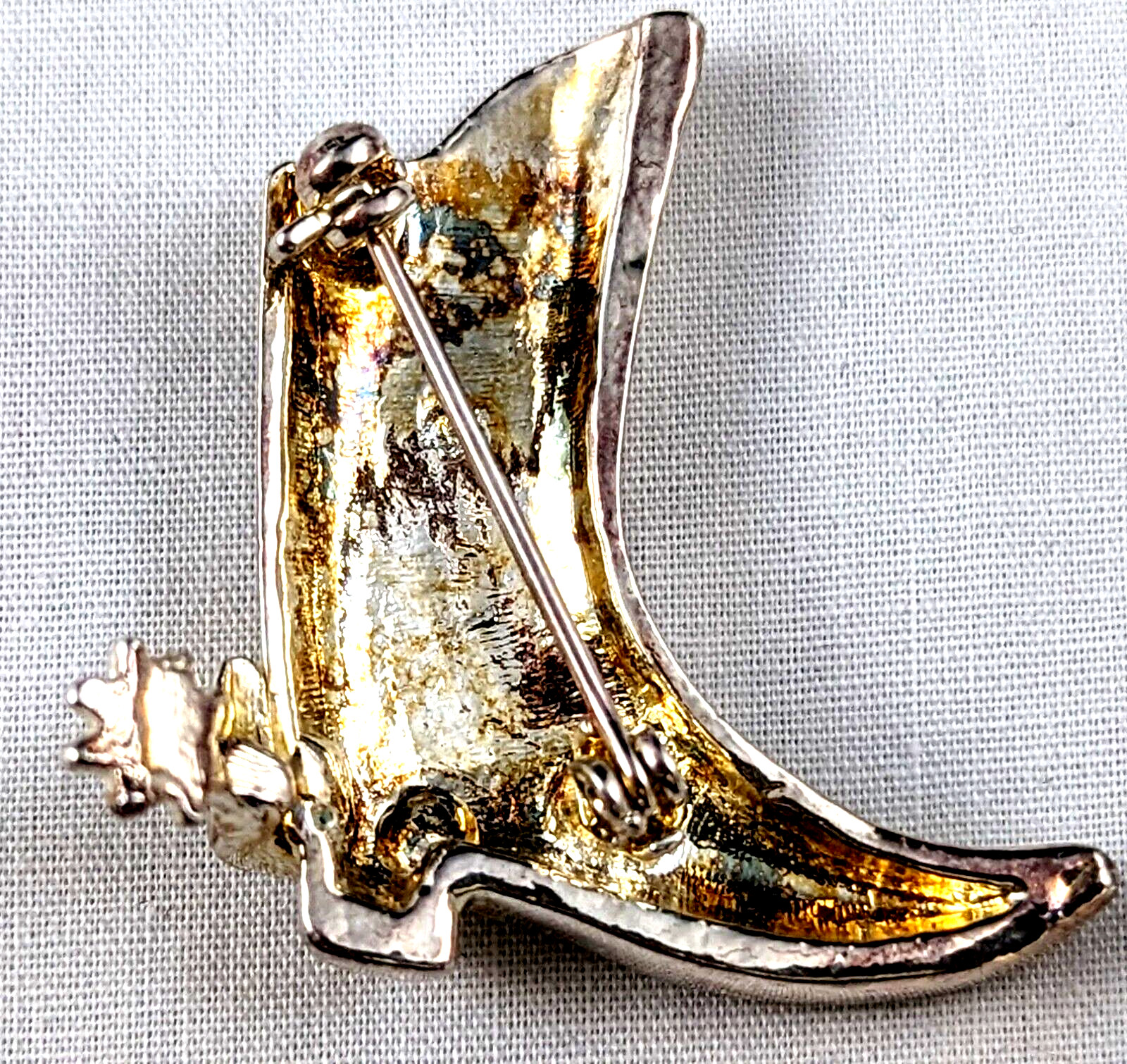 VTG Brooch Pin Cowboy Boot with Spur Crystals Silver Tone Western Rodeo