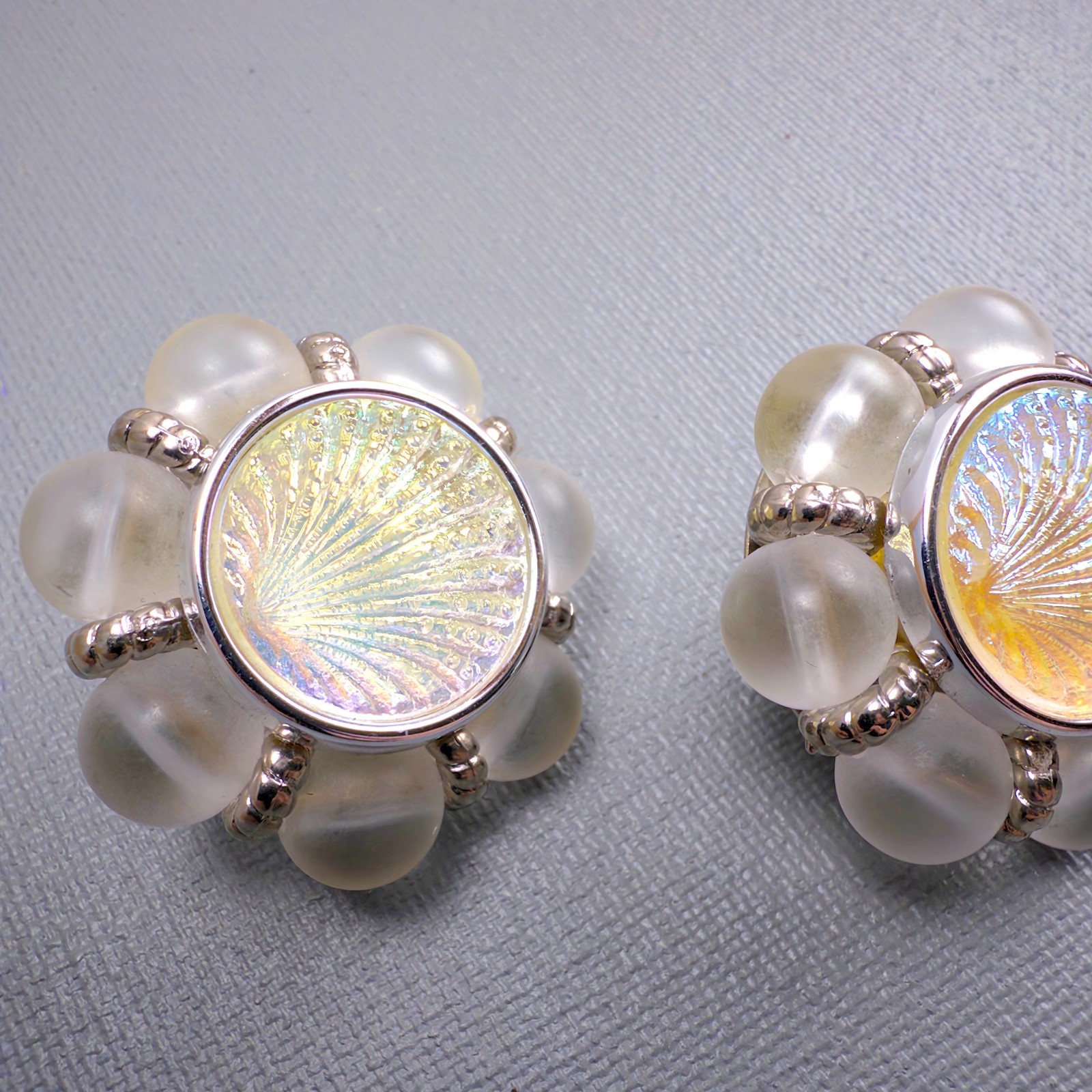 Vintage Acrylic Shell Clip On Earrings Iridescent Beach